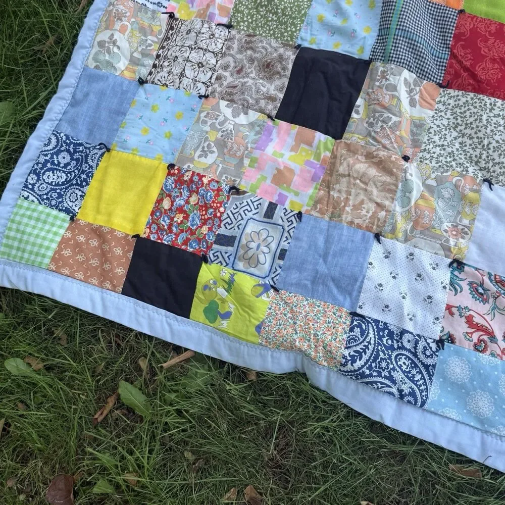 Vintage Handmade Patchwork Tied Quilt Blanket Multicolor 84x70 Throw Floral Blue